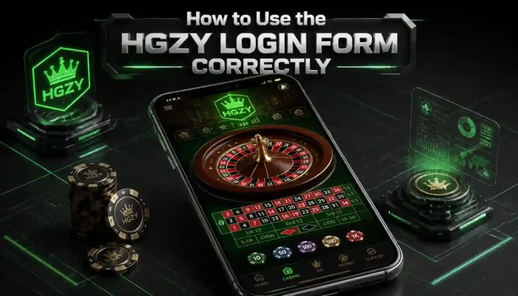 An isometric 3D web design banner with a dark gray futuristic tech grid background. In the center, a modern smartphone is tilted in an elegant 3D perspective angle. The phone screen displays a highly detailed, authentic casino gameplay interface featuring a glowing green neon crown logo at the top and a premium digital roulette wheel spinning on a green felt layout, completely free of any text input forms or blank fields. At the top center, the title "How to Use the HGZY Login Form Correctly" is boldly written in a sleek 3D metallic white font. Advanced tech illustration, cinematic neon lighting, high-impact web design layout.